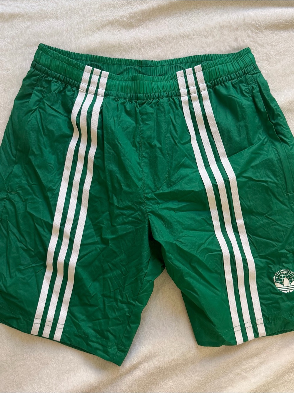 adidas x Oyster Green Athletic Shorts with White Triple Stripes
